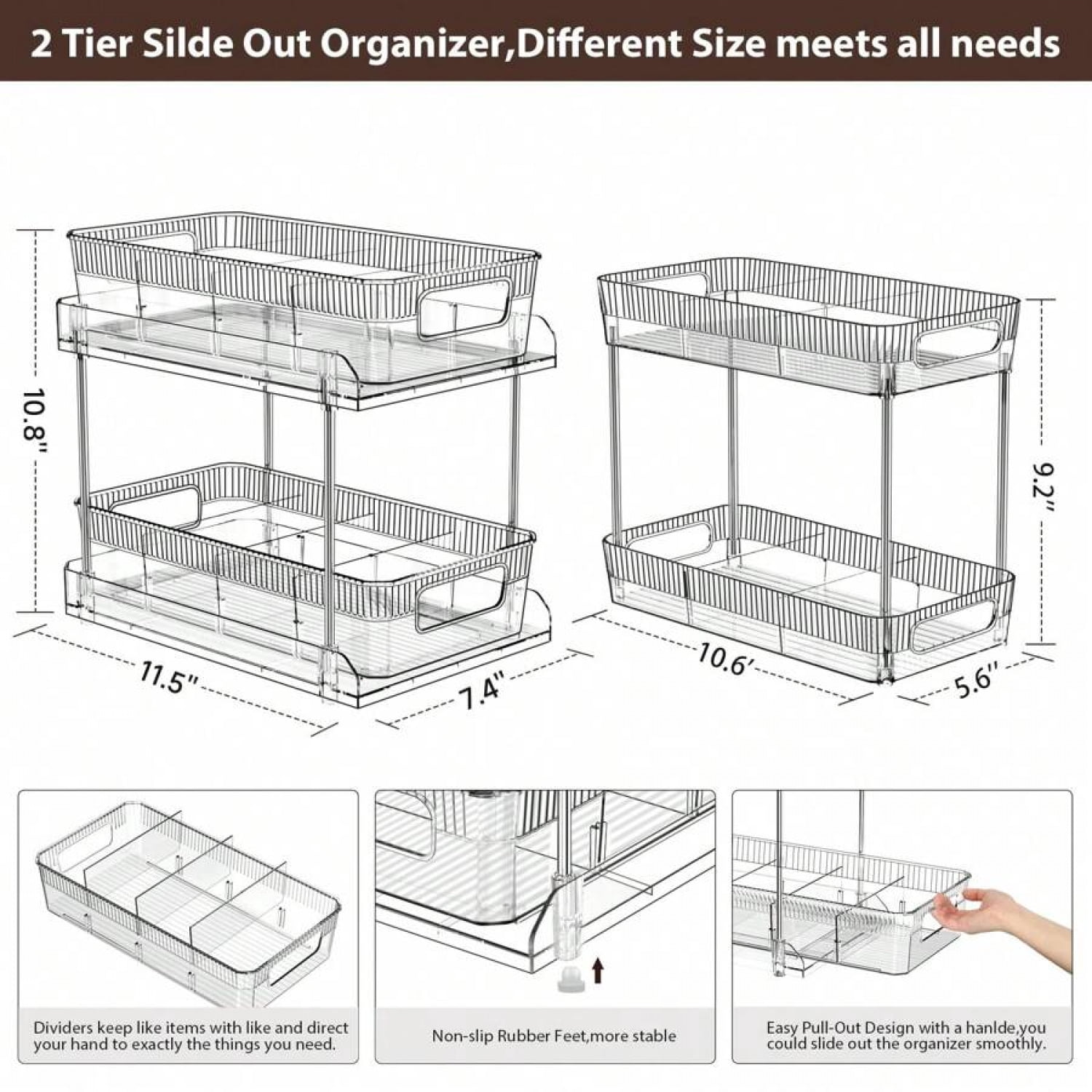 3 Pcs 2 Tier Bathroom Organizer With Dividers, Clear Under Sink Organizers Storage Slide Out Bathroom Vanity Counter Storage Container For Kitchen Pantry Cabinet Closet, Medicine Organizer