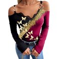thumbnail image 1 of DYMADE Women Plus Size Sexy V-Neck Butterfly Printed Cold Shoulder Long Sleeve T-shirt Top, 1 of 4