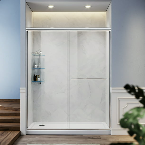 Sunny Shower Glass Door Semi Frameless, 55 Inch Sliding Shower Door