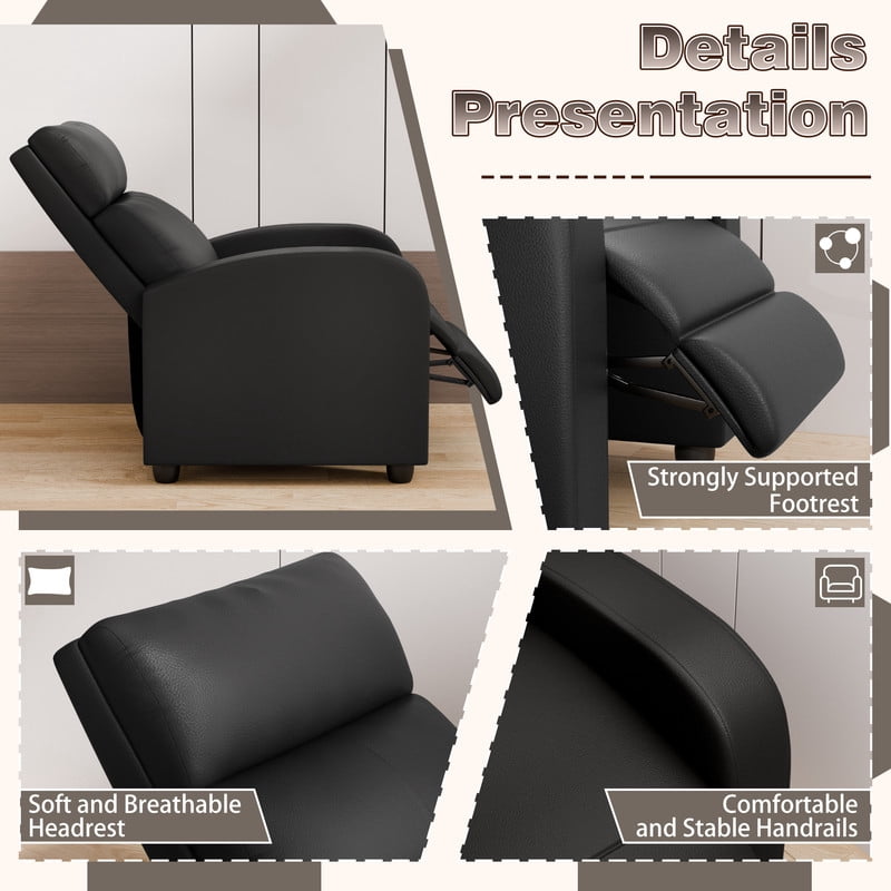 Vineego PU Leather Recliner Chair - Adjustable Backrest, Ergonomic Support & Compact Design for Living Room,Black