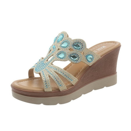 

KIJBLAE Women Summer Sandals Wedges Bling Rhinestone Beaded Open Toe Comfort Platform Shoes Ladies Beach Slip-On Sandals Light Blue 41