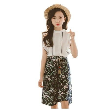 

DNDKILG 可用词 Girls Outfits Chiffon Summer Short Sleeve Clothes Set Ruffle Shirts and Floral Capri Pants Set with White 3Y-12Y 120