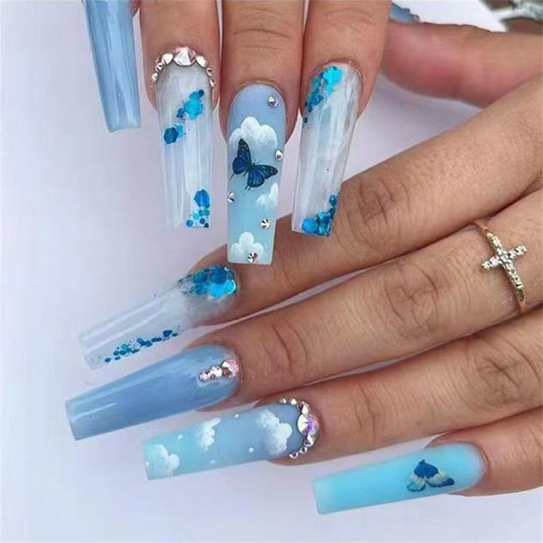 Fofosbeauty 24pcs Press on False Nails Fake Nails for Gifts Long Coffin Blue Ice Butterfly Sparkle Diamond Walmart