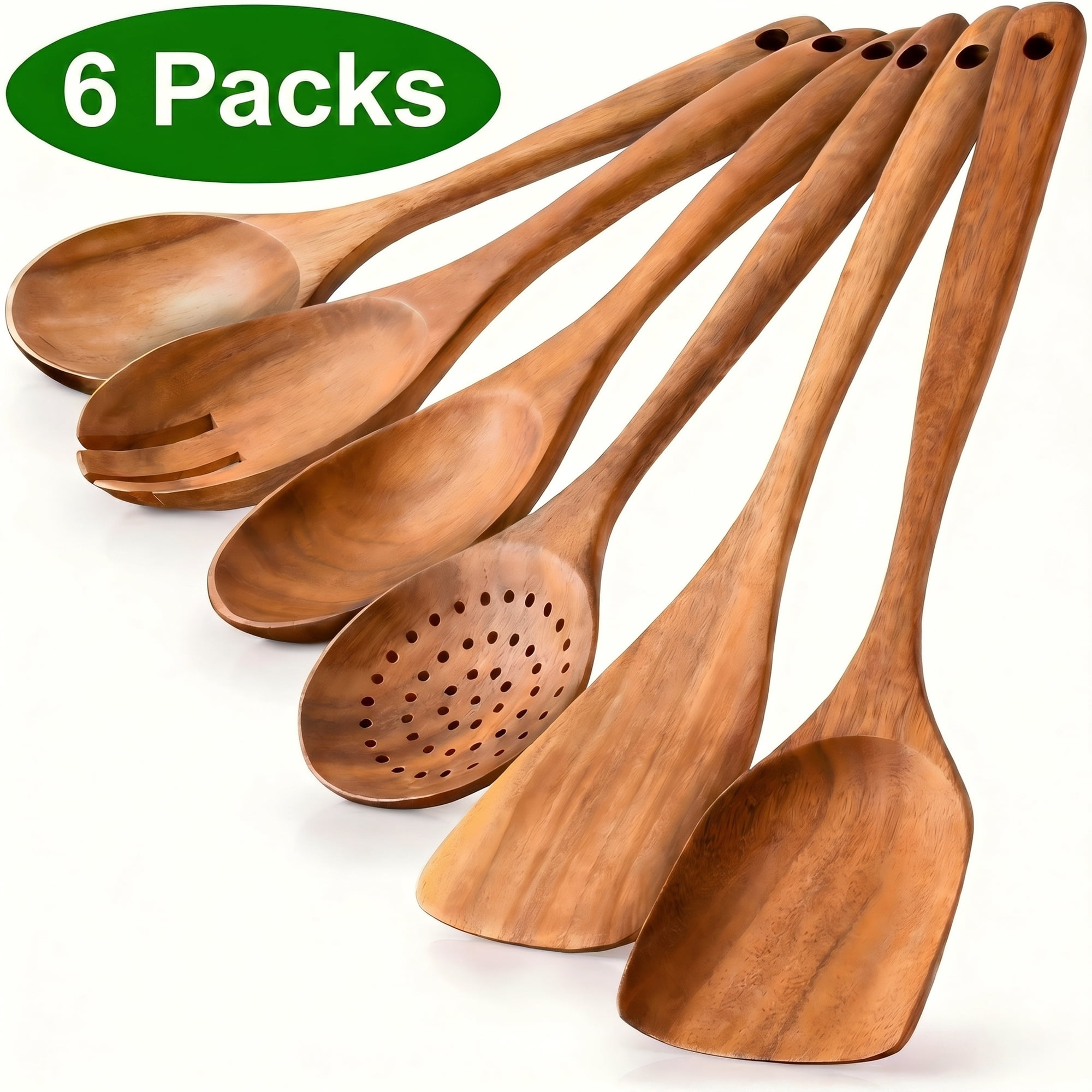 Wooden Spoons for Cooking, AOKIWO 6 PCS Teak Wood Cooking Utensil Set, Kitchen Wooden Finish Utensils Spoons and Spatula Set, Lightweight Nonstick Cookware