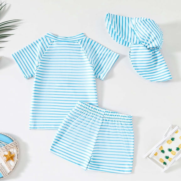 Djtdsds Baby Boys Two Piece Swimsuit Striped Short Sleeve Rash Guard Swimsuit Set with Hat Size:6-12 Months