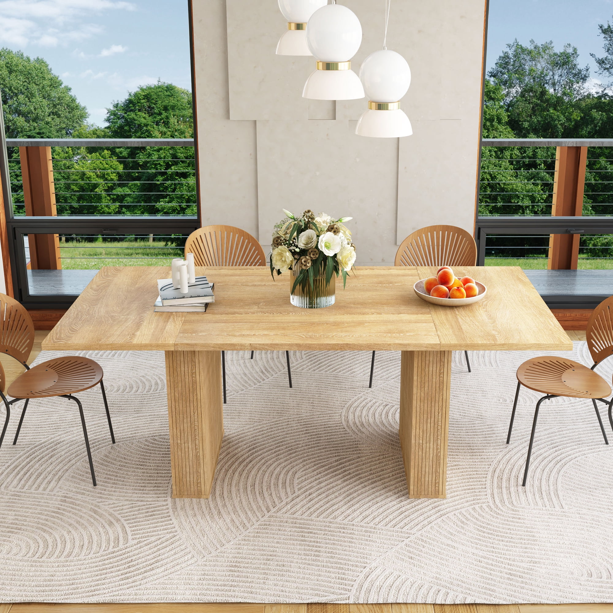 PHOYAL Beige Rectangle Dining Table for 6-8, Farmhouse Large Dining Table with Double Pedestal, 78.74"L, 39.37"W