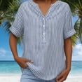 thumbnail image 4 of CQONEPT Plus Size Linen Shirts for Women Cotton Striped Henley Neck Button Up Tops Summer Short Sleeve Loose Fit Tunic Blouse Tops Sky Blue XL, 4 of 7
