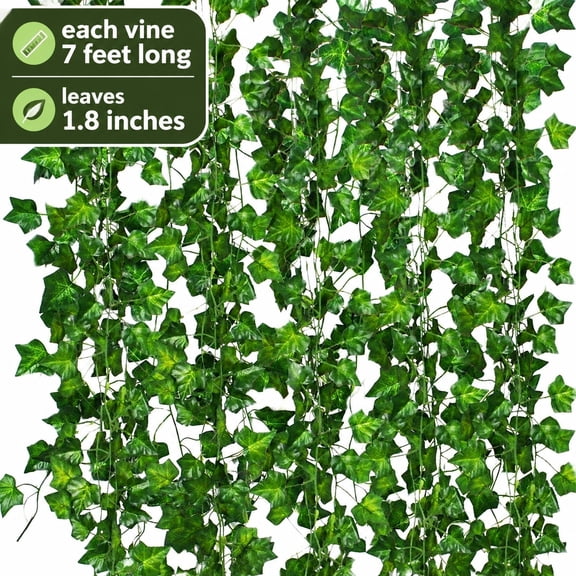 12 Pack Artificial Ivy Garland, Fake Vines with Clips for Room Decor, Faux Greenery Leaves with Green Flowers for Home Garden Wall Wedding Bedroom Aesthetic Decor