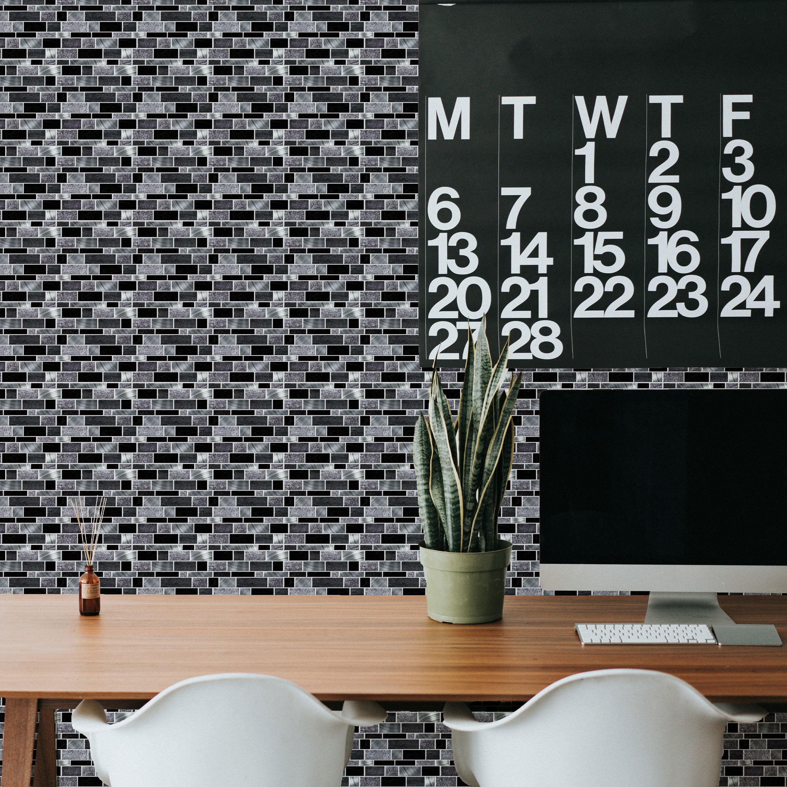 Main Street Peel & Stick Wallpaper Tiles,  Silver and Black Mosaics, 8 in x 8 in, 24 Pack, Self Adhesive Wall Tiles for Kitchen Backsplash and Home Decor