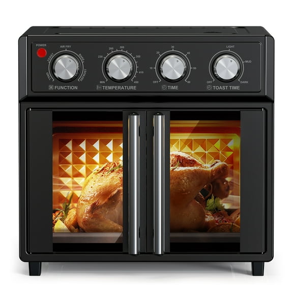 27.5 Quart 6 Slices Large French Door  Air Fryer Convection Toaster Oven,  1700W, Multifunction Oven for Air Fryer, Toast, Grill, Defrost, Bake, Time and Temperature Controls, Black