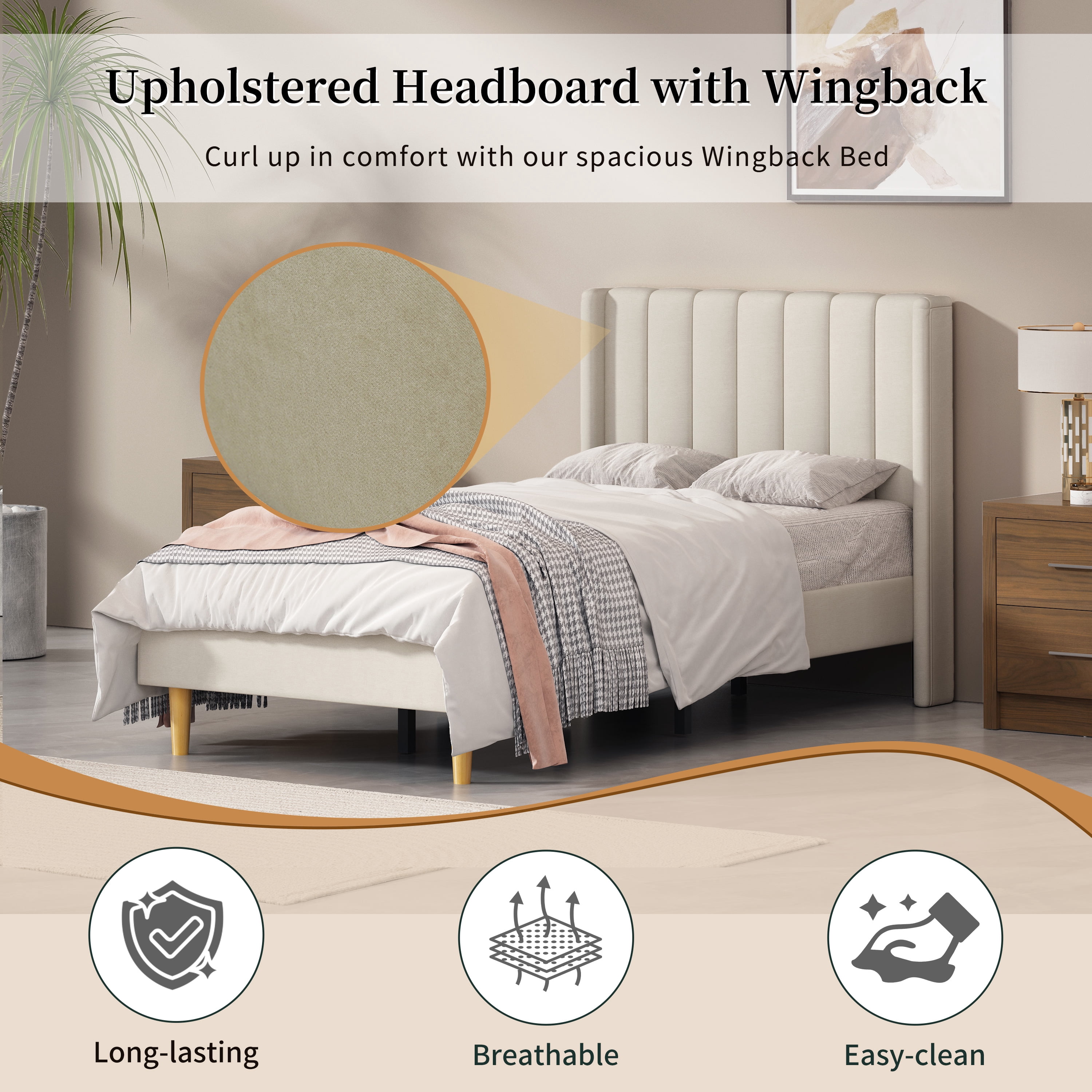Twin Size Upholstered Bed Frame,40.9" High Headboard,Strong Metal Frame,Wooden Slats Support,No Box Spring Needed,Easy Assembly,Linen Fabric,Beige