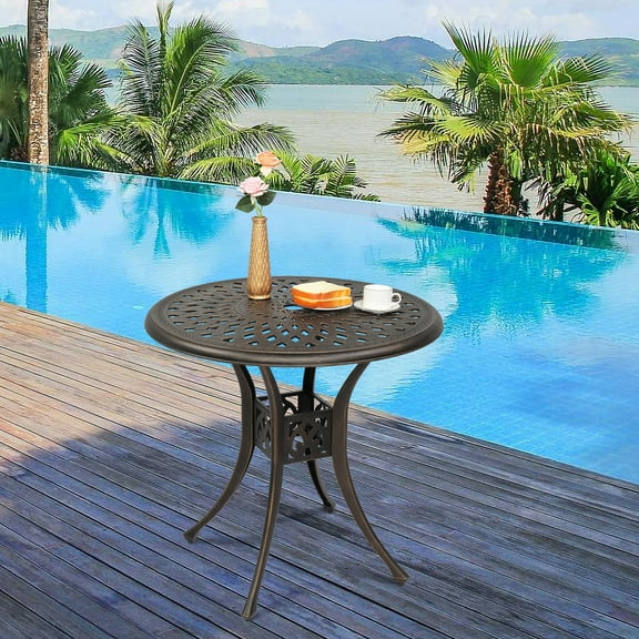 BAYUELSWU Patio Bistro Table, 30.7" Round Patio Outdoor Dining Table with Umbrella Hole, All-Weather Cast Aluminum Outdoor Bistro Table for Backyard, Garden, Patio (Bronze)