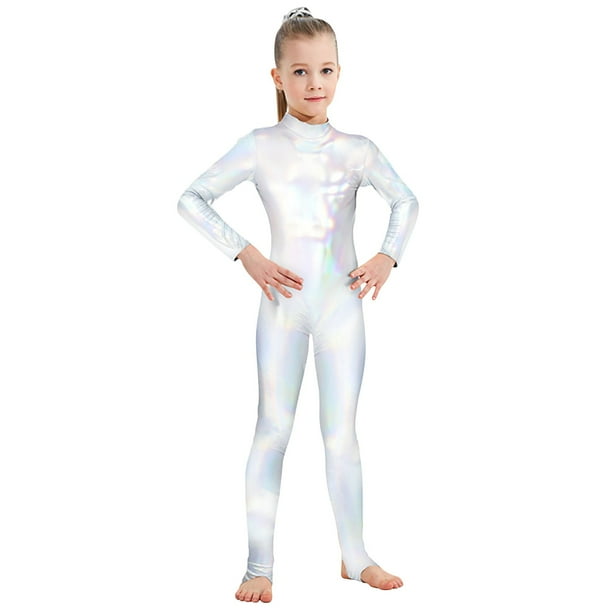 Mono de niña brillante, ajustado, de manga larga, con cremallera en la espalda, mono para niños, top de poliéster para niños