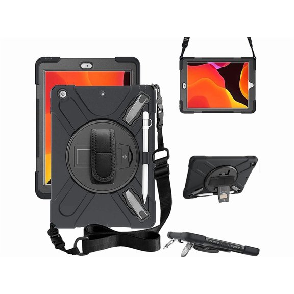 iPad 9th 8th 7th Generation 10.2 Case with Pencil Holder Kickstand Hand Strap and Shoulder Strap Shockproof Cover for iPad 10.2 inch 2021 2020 2019
