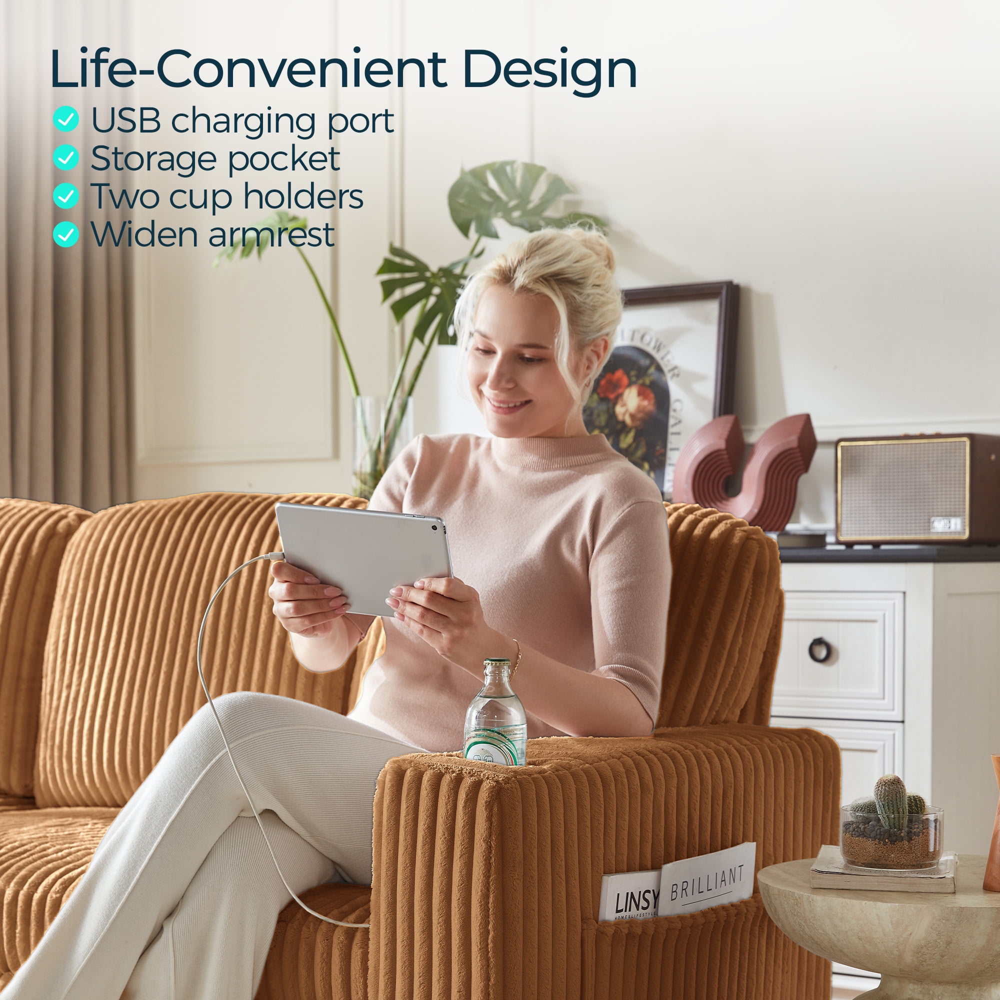 LINSY HOME Modular Sectional Couches for Living Room, Sofa Bed with Storage Seat, Pull Out Couch Bed with Storage Ottoman, Brown
