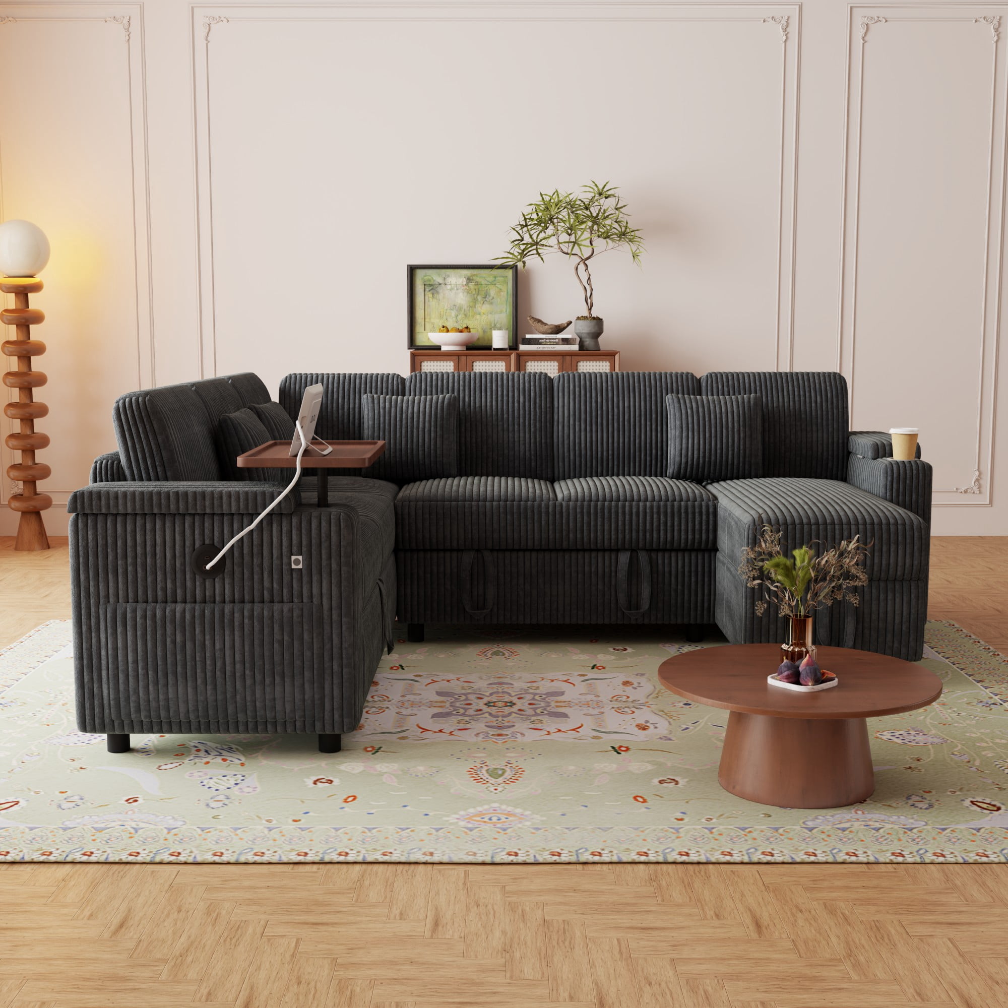 BSHTI 100" Corduroy U‑Shaped Convertible Pull‑Out Sofa Bed with USB Ports, Desk & Cup Holder for Living Room,(Dark Gray)