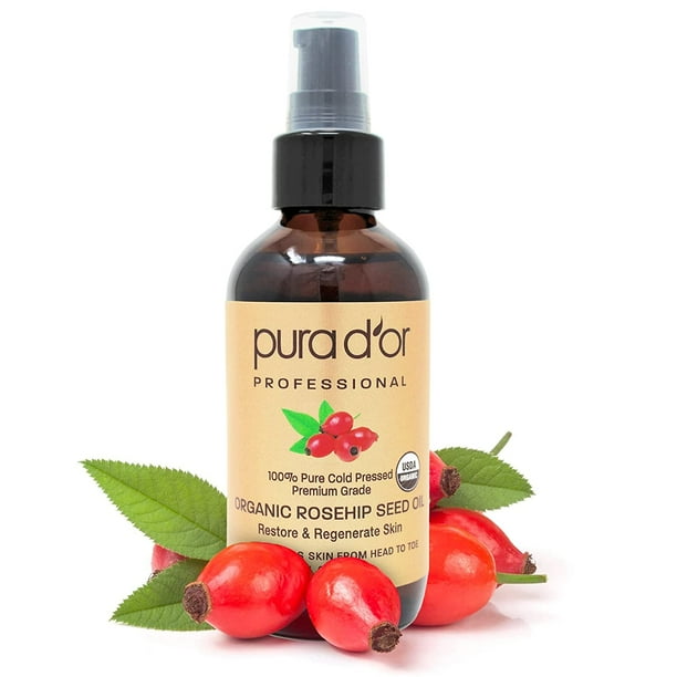 PURA D'OR Organic Rosehip Seed Oil, 100 Pure Cold Pressed USDA