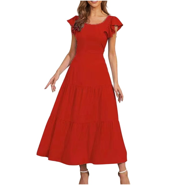 Hyknon Robes pour Femmes Mode Printemps/été Couleur Unie Manches Courtes Robe Confortable Décontractée Douce Fluide Ample