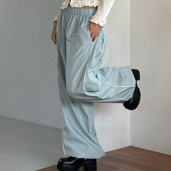 Wycnly Pants for Women Womens Fashion Cargo Pants Trendy Street Style Loose Straight Leg Long Pants Casual Drawstring Elastic Waist Pockets Cargo Trousers