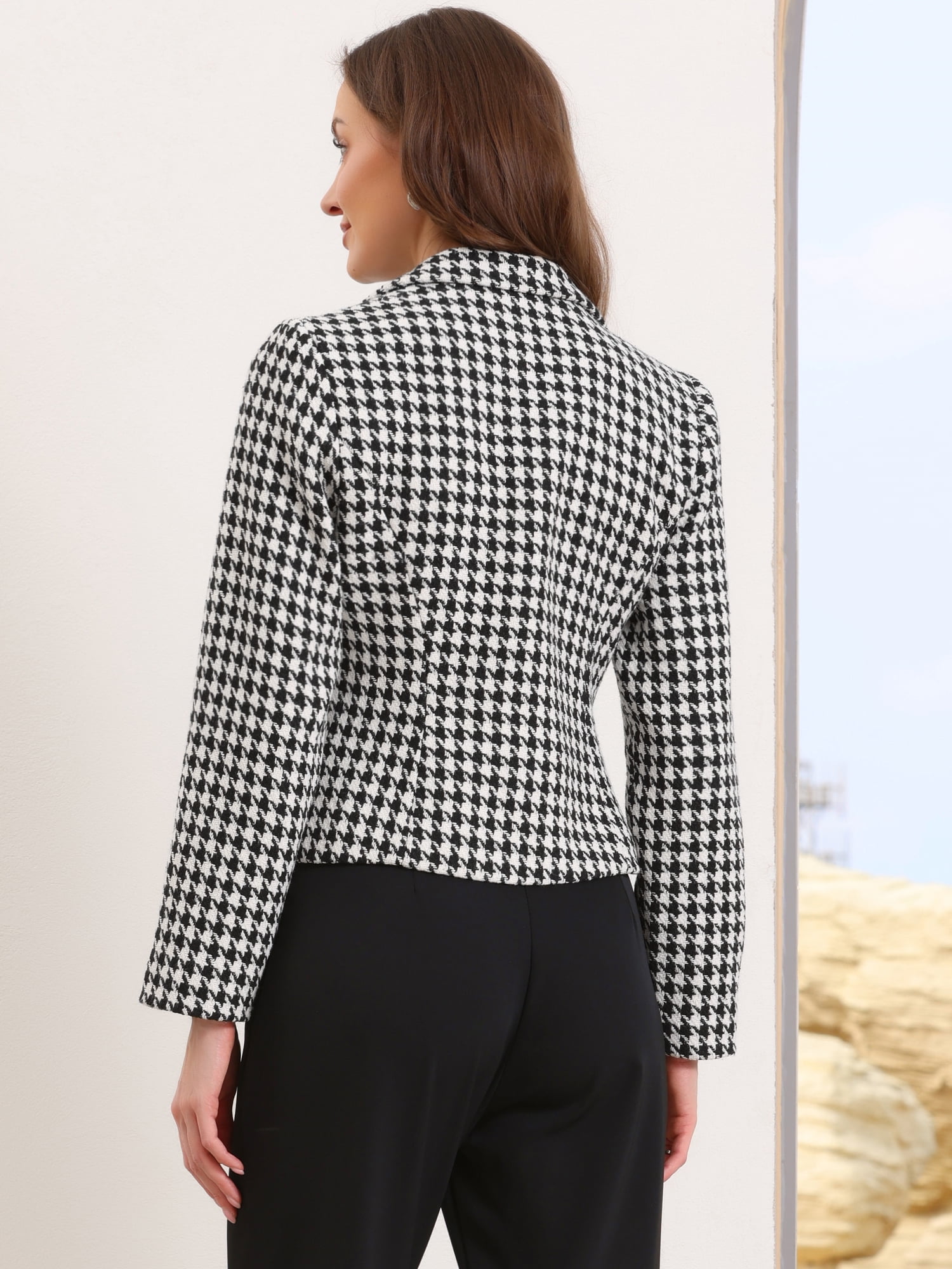 DARING DIVA Women's Chic Houndstooth Notch Lapel Long Sleeve Blazer S Black