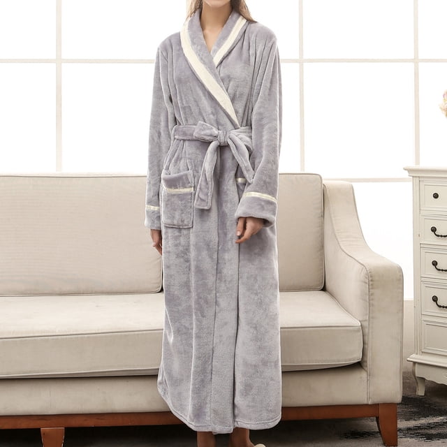 DPTALR Women's Winter Lengthened Bathrobe Splicing Home Clothes Long Sleeved Robe Coat
