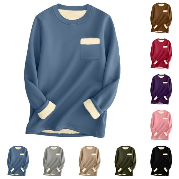 CFLVAEK Sherpa Sweatshirt for Women Thermal Winter Fleece Lined Pullover Solid Color Crewneck Fall Winter Sweatshirt with Pockets Army Green L