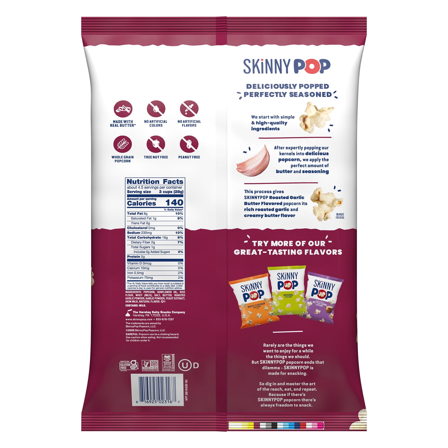(6 pack) SKINNYPOP Roasted Garlic Butter Flavored, Gluten Free Popcorn Bag, 4.4 oz