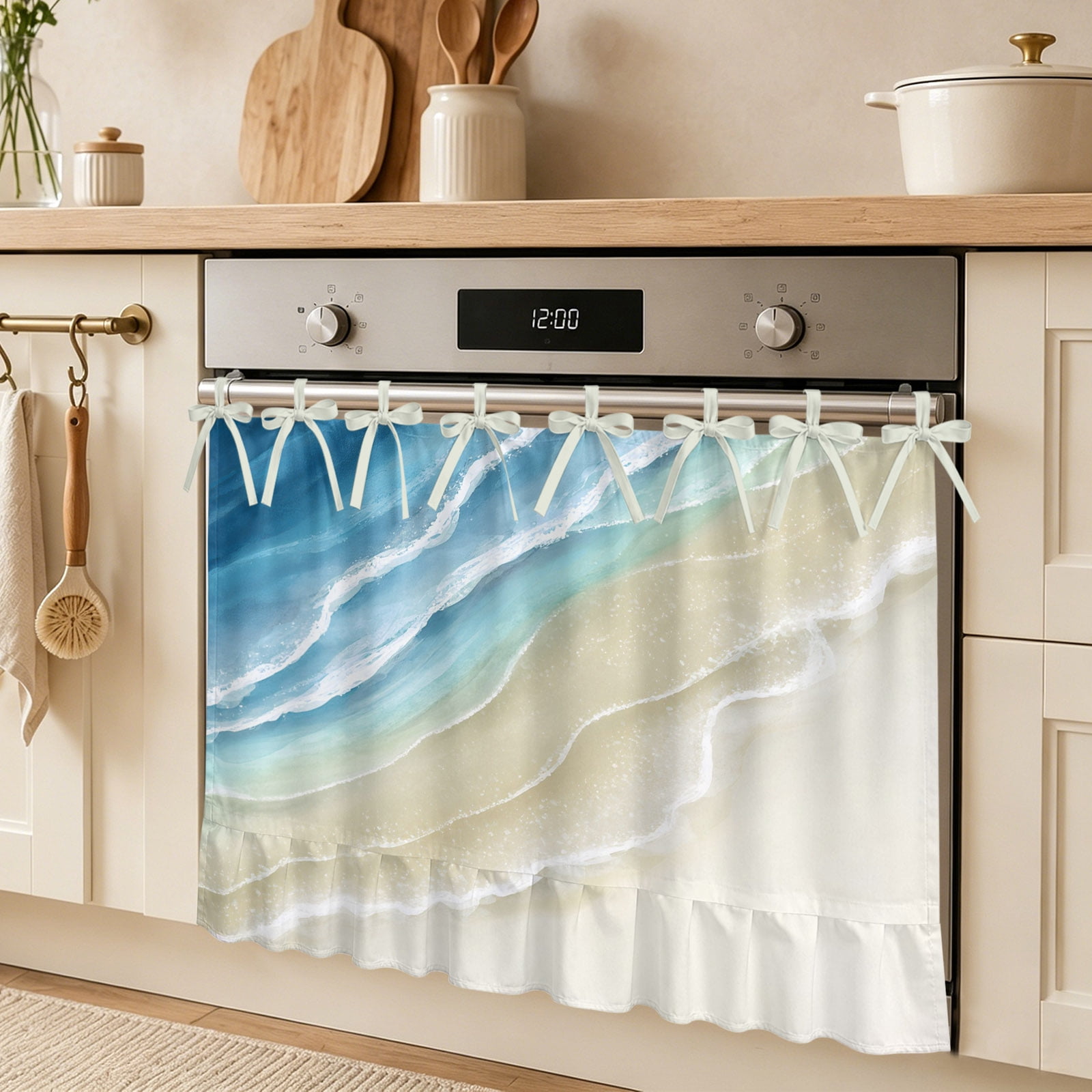 Abstracts Sandy Beach Oven Skirt Curtain Blue Beige Gradient Seaside Ocean Wave Tie Top Tier Curtains Stove Dishwasher Skirt Small Window Drapes for Kitchen Bathroom Cafe 30 x21.5