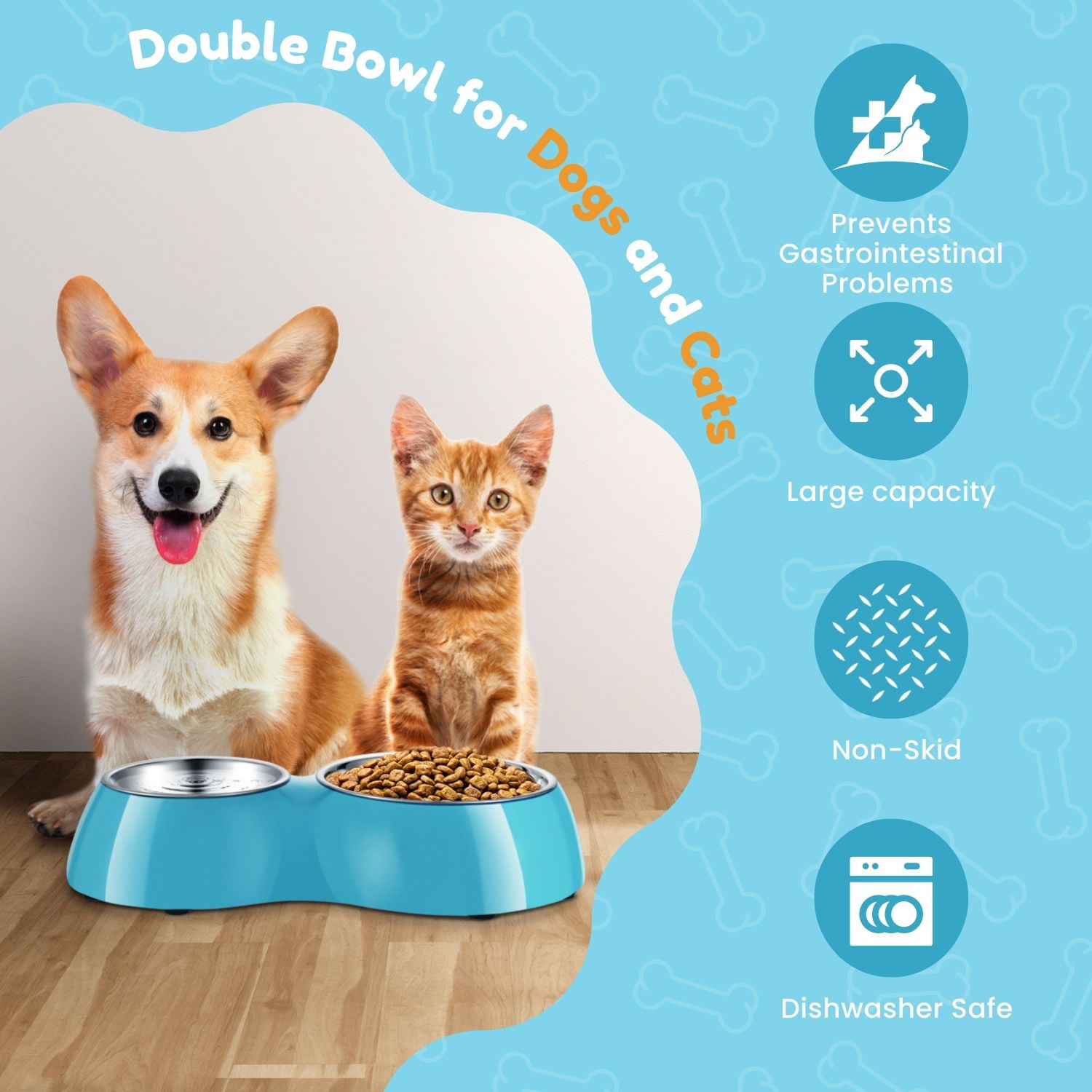Flexzion Pet Feeder Bowls Double Stainless Steel (Set of 2) - Removable Raised Feeding Station Tray Dog Cat Puppies Animal Food Water Holder Container