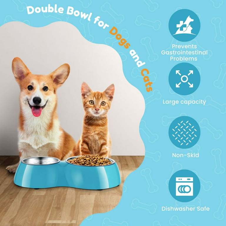 UPSKY Double Dog Cat Bowls Double Premium Stainless Steel Pet Bowls with  Cute Modeling Pet Food Water Feeder Blue
