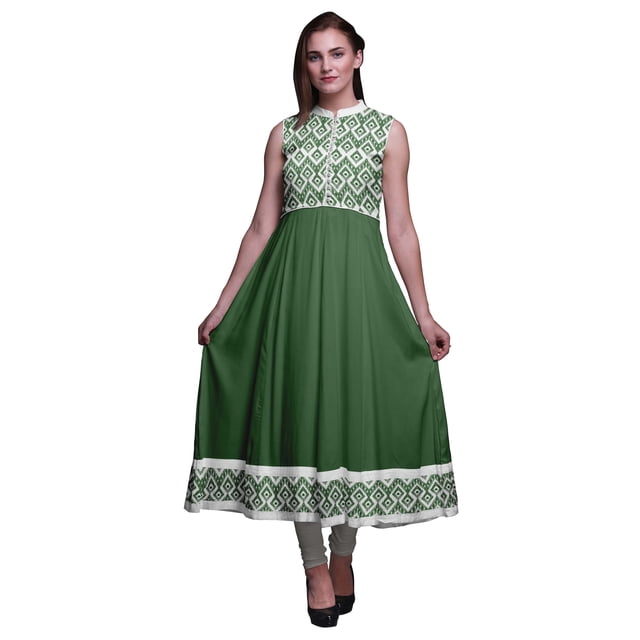 Bimba Kurtis Indiennes Ikat Vertes pour Femmes, Anarkali Prête à Porter Unie, Robe Imprimée Kurti Indienne, Moyen