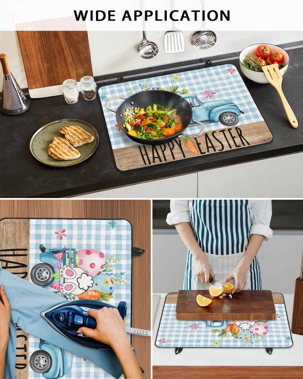 Large Induction Cooktop Protector Mat Easter Stove Top Covers for Electric Stove, Blue Truck Eggs Bunny Checkered Farmhouse Decorative Stove Burner Cover Mats, Glass Top Stove Cover