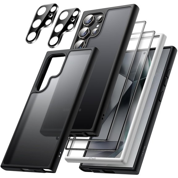 JETech 5 in 1 Matte Case for Samsung Galaxy S24 Ultra 5G with 2-Pack Screen Protector and Camera Lens Protector, Translucent Back Protective Phone Cover, Tempered Glass Film (Black)