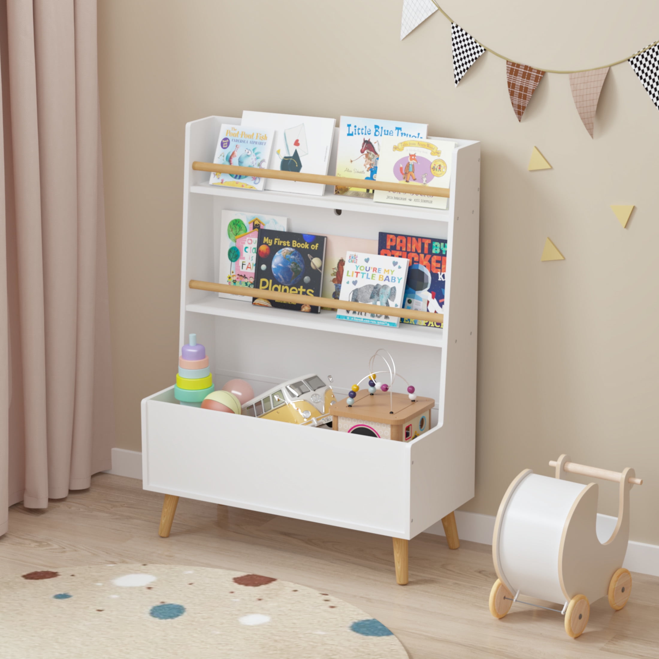 Noble House Solview Kids Bookshelf with Toy Bin, 2-Shelf Book and Magazine Rack Storage Cabinet Organizer, White