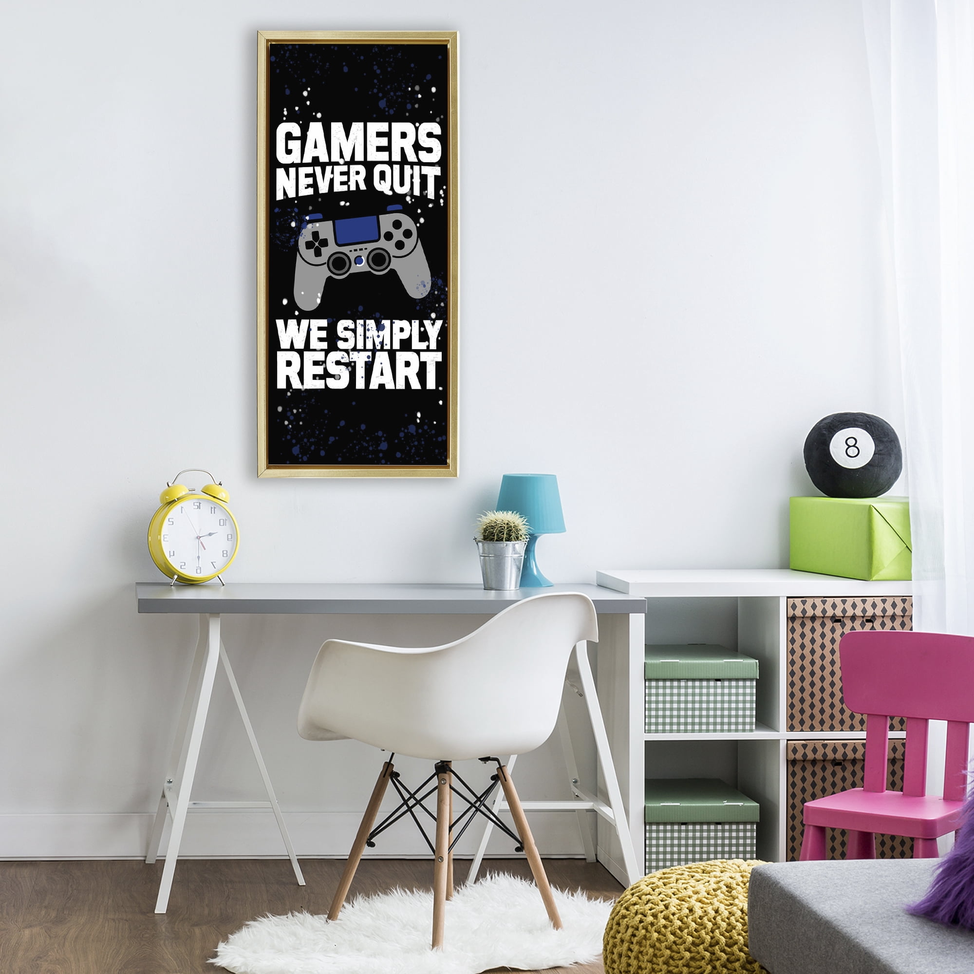 Stupell Industries Never Quit Simply Restart Gold Framed Floater Canvas Wall Art, design by Kim Allen