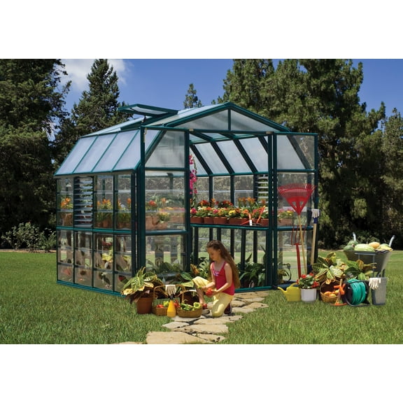 Palram - Canopia Prestige 8' x 8' Clear Walk-In Greenhouse - Green - with Accessories Package