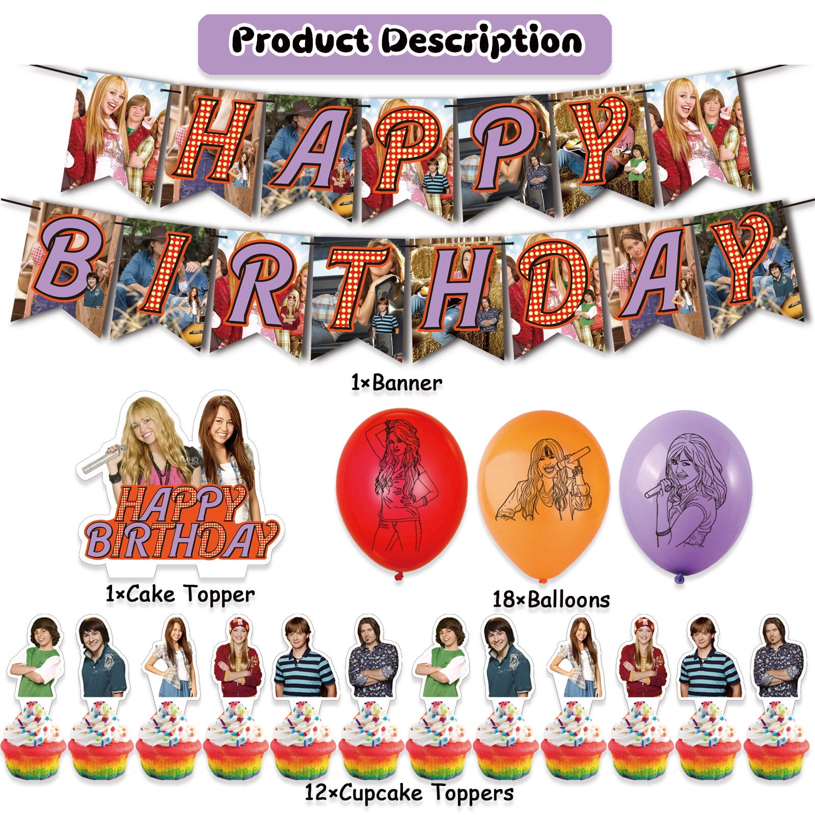 32 Pcs For Hannah Montana Theme Birthday Party Decorations Set 18 Balloons,13 Cupcake Toppers,With 1 Happy Birthday Banner,All-in-One Celebration Party Kit Supplies