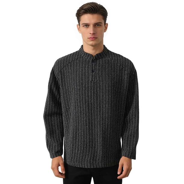 Ceisia Men's Relaxed Fit Vertical Stripe Jacquard Small Stand Collar Long Sleeve Casual Knit Top Gifts