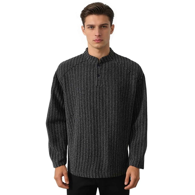 Ceisia Men's Relaxed Fit Vertical Stripe Jacquard Small Stand Collar Long Sleeve Casual Knit Top Gifts