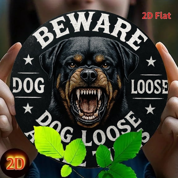 HELLOYOUNG 2D Flat Metal Sign Beware of Loose Dogs Funny Rottweiler Warning Black Art Decor for Indoor Outdoor Wall