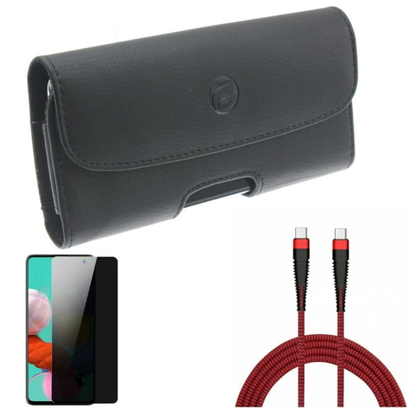 10ft PD Cable & Case Belt Clip & Privacy Screen Protector for Samsung Galaxy S20 Fan Edition - Type-C to USB-C Charger Cord   Leather Holster   Tempered Glass Anti-Spy Combo