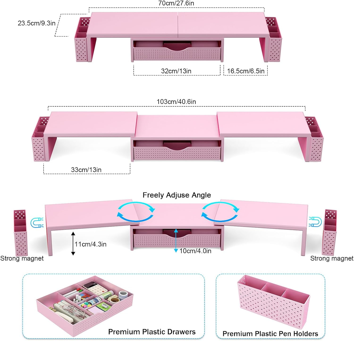 Metal Dual Monitor Stand Riser with Drawer & 2 Pen Holders - Ergonomic Desk Storage Organizer