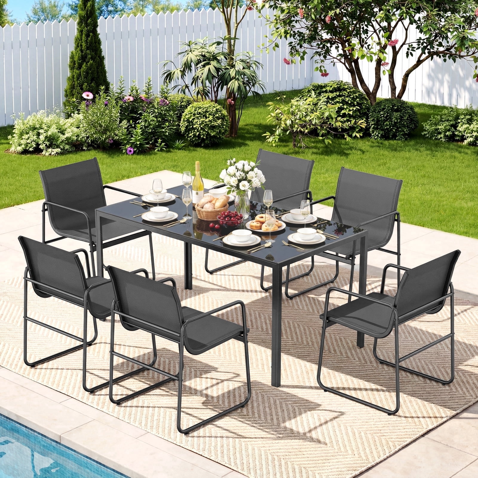 Vitarpatio 7 Piece Outdoor Patio Dining Set with 6 Textilene Chairs and Glass Rectangular Table, Modern Outdoor Furniture Set Patio Table and Chairs Set for 6 Persons, Black