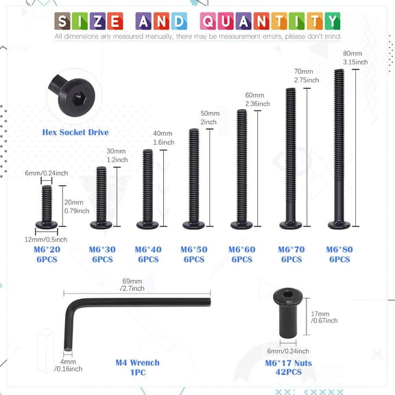 GHRTGR-85Pcs M6x20/ 30/40/ 50/60/ 70/ 80mm Black Hex Drive Socket Cap Bolts Kit, Allen Head Countsunk Furniture Crib Bolts Nuts Screws for Chair Table Cabinets