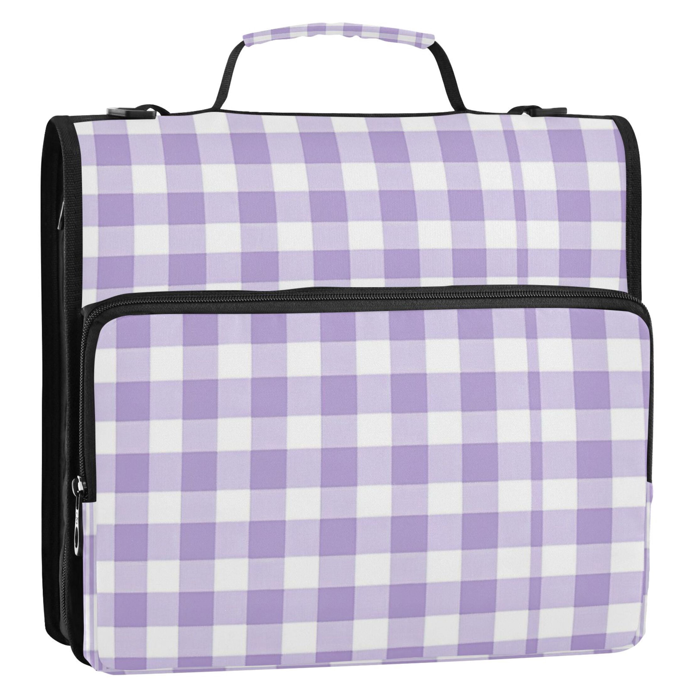 Water-Resistant 3-Ring Binder Organizer with Multiple Pockets Zipper Binder Bag for Office Purple and White Plaid