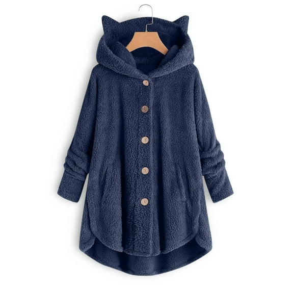 CEHVOM Women Button Plush Tops Hooded Loose Cardigan Solid Color Coat Jacket