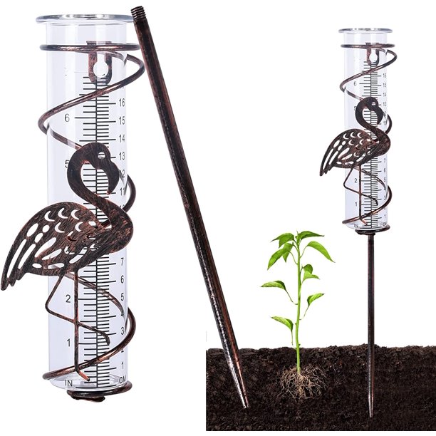 Pluviómetro, Pluviómetro de Vidrio con Estaca de Metal, Pluviómetro Decorativo de Hierro Forjado, Herramienta de Medición de Precipitación, Pluviómetro Decorativo para Jardín, Patio, Exterior (Flamingo) JM