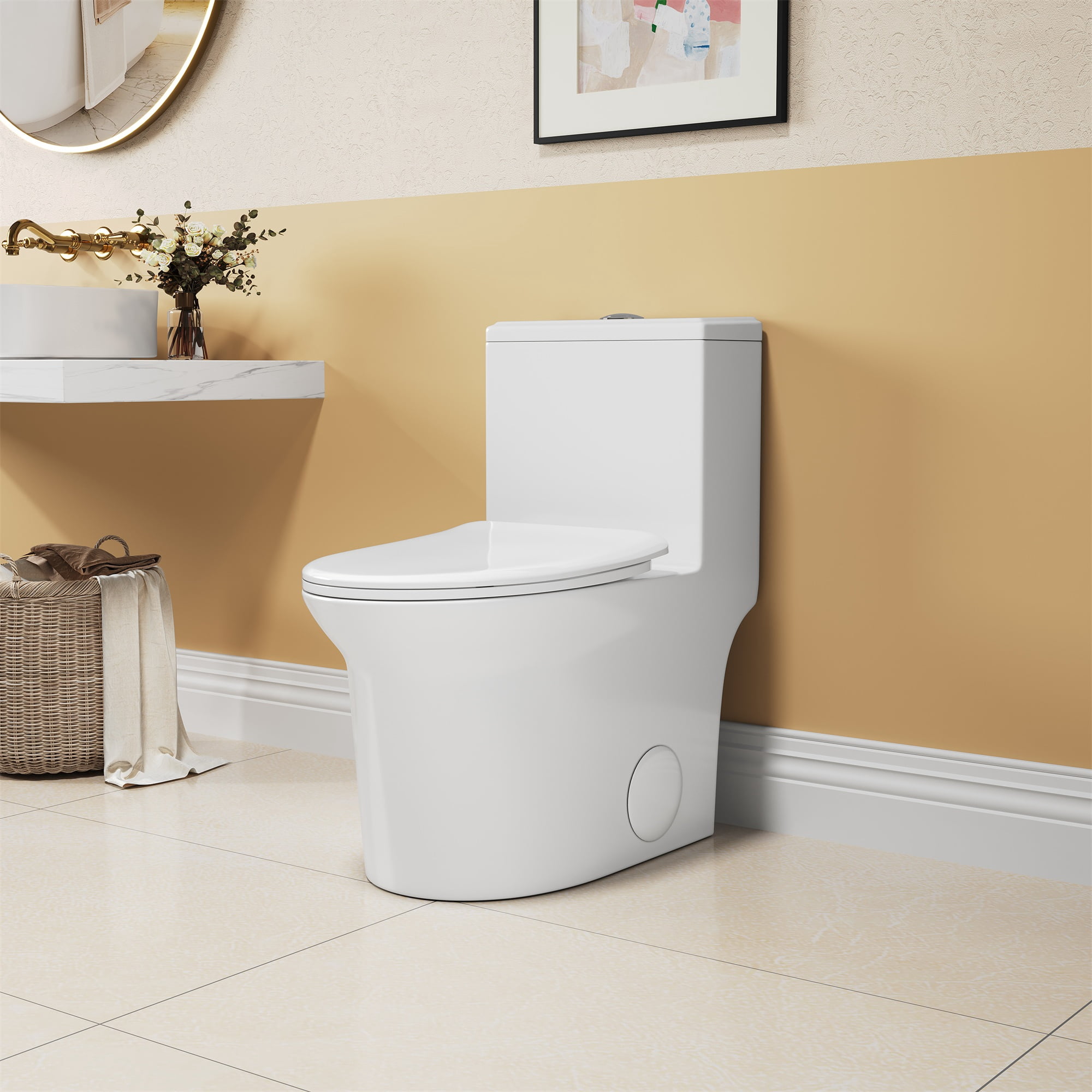 Alvantor One-Piece Toilet 15.5"Height Ceramic Elongated Floor Mounted 1.1/1.6 GPF Toilet White