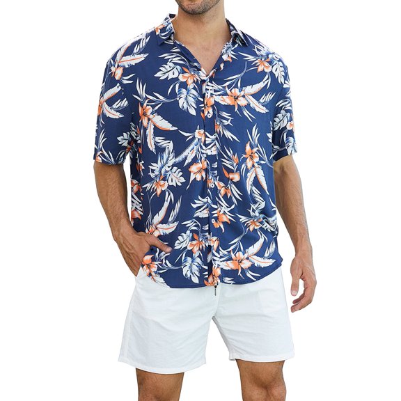 Wespornow Mens Hawaiian Shirts Short Sleeve Floral Tropical Beach Casual Button Down Shirts Navy M