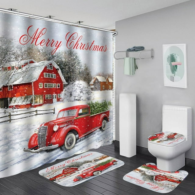 PATIO 4 Pieces Set 3D Digital Printing High-Density Merry Christmas Theme Pattern Shower Curtain Set Bathroom Floor Mat Base Mat Toilet Mat Home Holiday Decoration Bathroom Accessories Ch